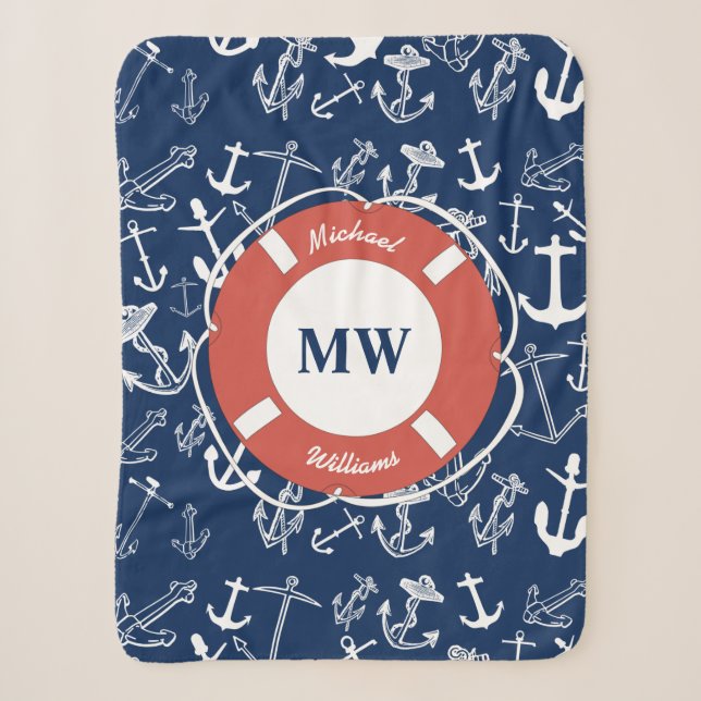 Couverture Sherpa Monogramme nautique Ancre bleu marine Motif (Devant)