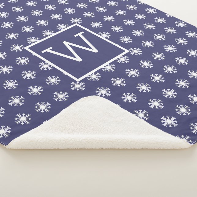 Couverture Sherpa Monogramme Noël Blanc Neige cristal Marine Bleu (3/4)