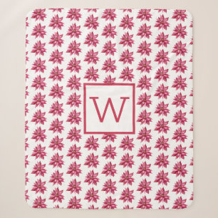 Couverture Sherpa Monogramme Noël Rouge Poinsetta Floral Blanc