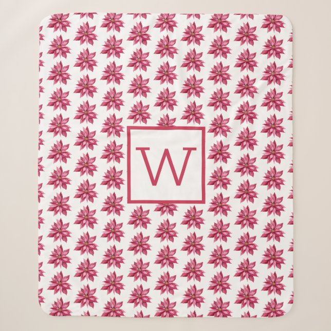 Couverture Sherpa Monogramme Noël Rouge Poinsetta Floral Blanc (Devant)