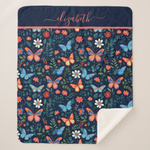 Couverture Sherpa Monogramme Nom Bleu Nuit Rose Pêche Papillon