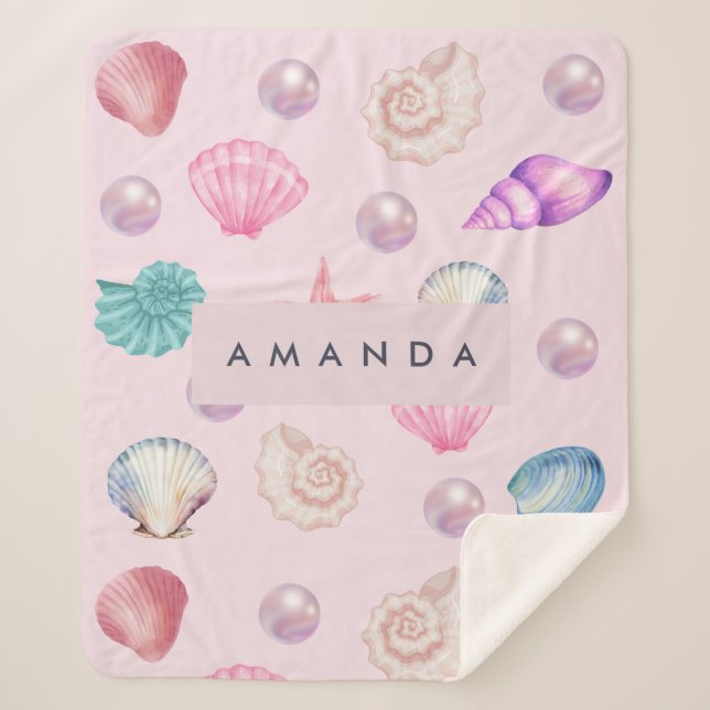 Couverture Sherpa Monogramme personnalisé Coastal Seashell Pearl Océ (Devant)