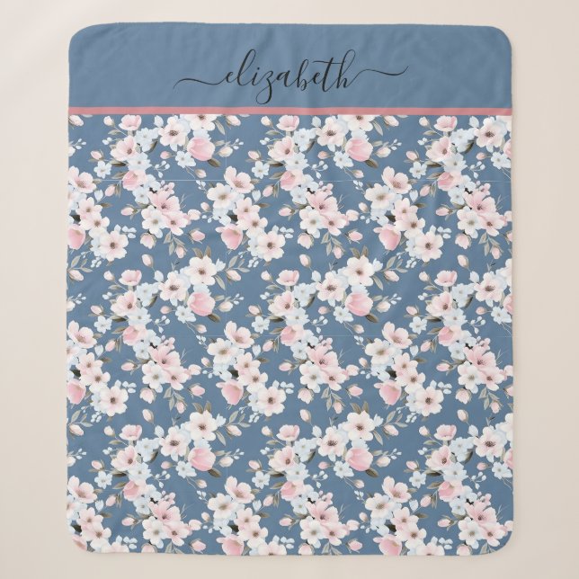 Couverture Sherpa Monogramme rose blanc foncé bleu floral Fleurs (Devant)