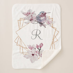 Couverture Sherpa Monogramme rose blanc Magnolias Bird Gold Frame