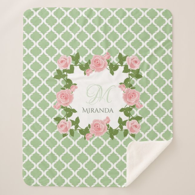 Couverture Sherpa Monogramme rose rose du Quatrefoil vert du Nil (Devant)