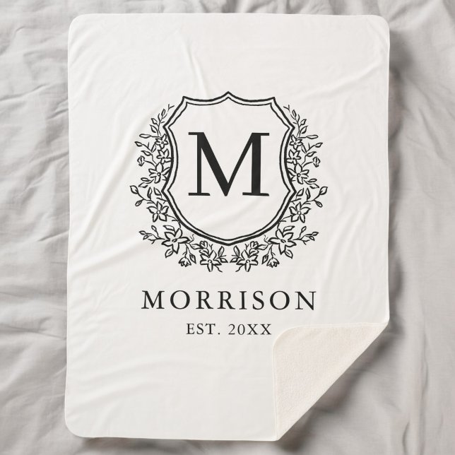 Couverture Sherpa Monogramme Rustique Noir Blanc Blason Nouvellement (Créateur téléchargé)