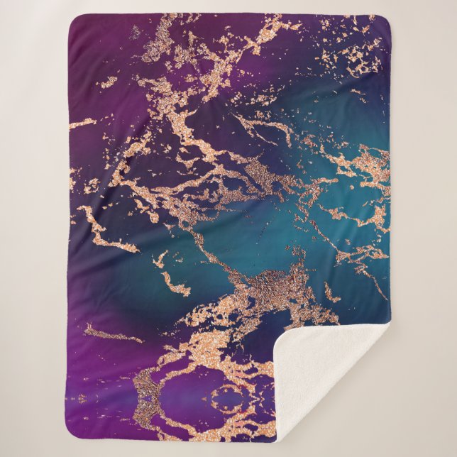 Couverture Sherpa Moody Luxe Marble | Profond violet et Turquoise or (Devant)