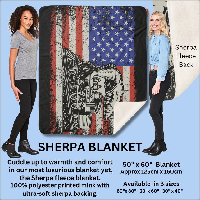 Couverture Sherpa Moteur de train à vapeur sur drapeau américain (Créateur téléchargé)