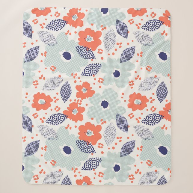 Couverture Sherpa Motif à fleurs moderne orange et bleu (Devant)