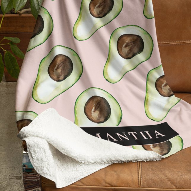 Couverture Sherpa Motif Avocado Rose Et Vert Moderne Avec Nom (Créateur téléchargé)