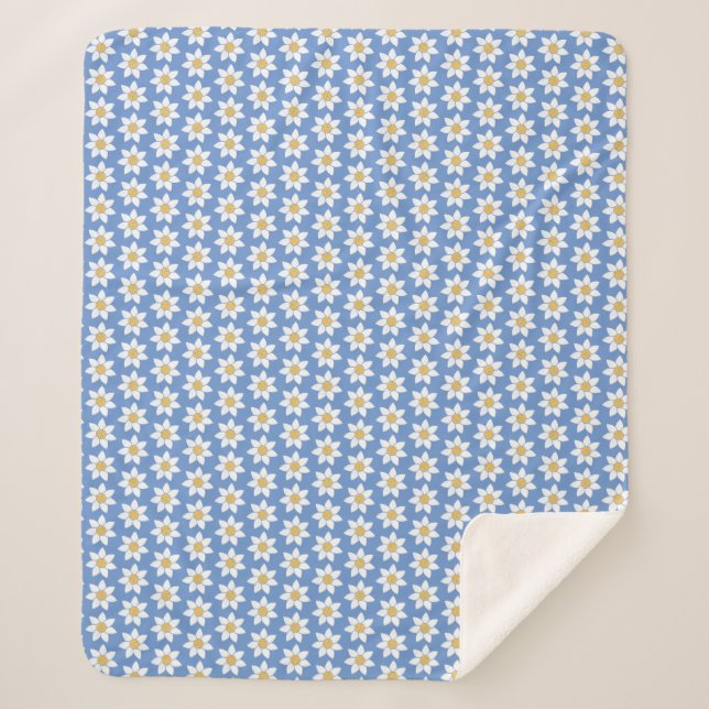 Couverture Sherpa Motif blanc de marguerite sur bleu (Devant)