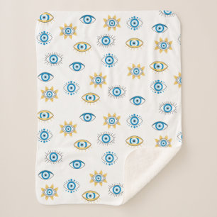 Couverture Sherpa Motif bleu, or et blanc de l'oeil grec Mati