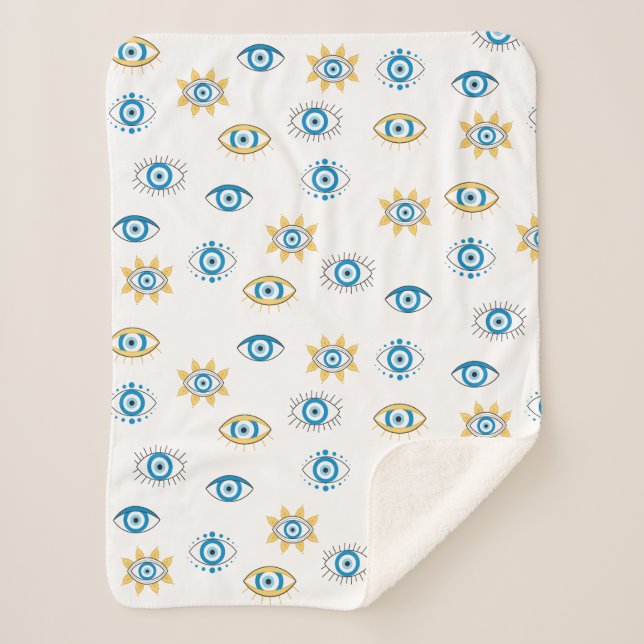 Couverture Sherpa Motif bleu, or et blanc de l'oeil grec Mati (Devant)