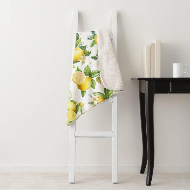 Couverture Sherpa Motif citron, Fleurs de citron, Feuilles, Citrus (En situation)
