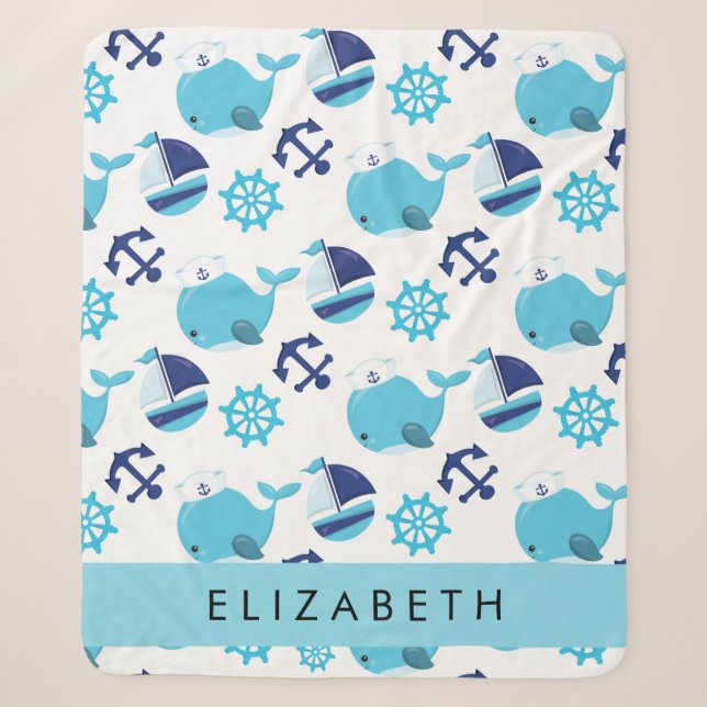 Couverture Sherpa Motif De Baleines, Baleines Bleues, Votre Nom (Devant)