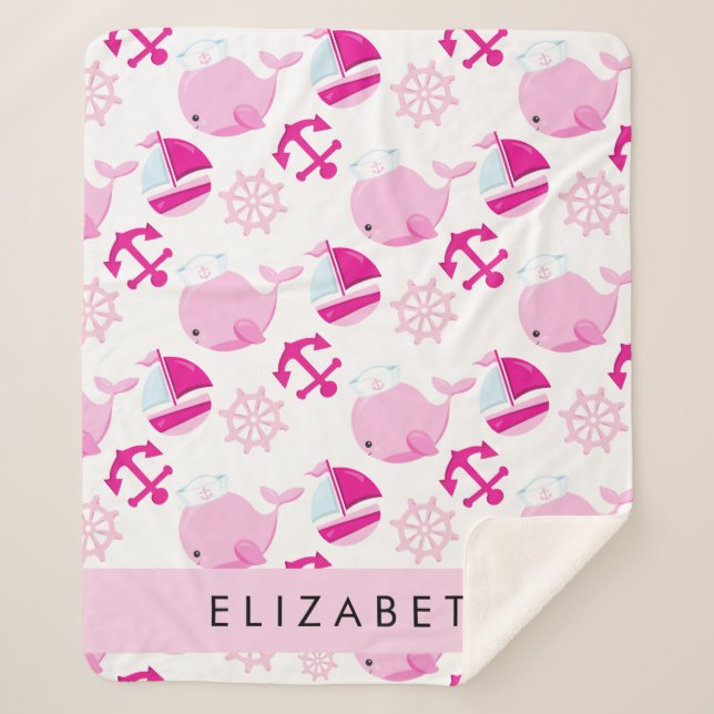 Couverture Sherpa Motif De Baleines, Baleines Roses, Votre Nom (Devant)