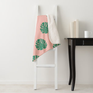 Couverture Sherpa Motif de feuille de Monstera Tropical Rose et Vert