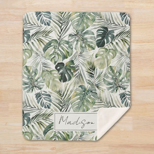 Couverture Sherpa Motif de feuilles de forêt tropicale verte aquarel