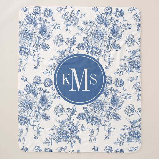 Couverture Sherpa Motif de fleurs bleues (Devant)