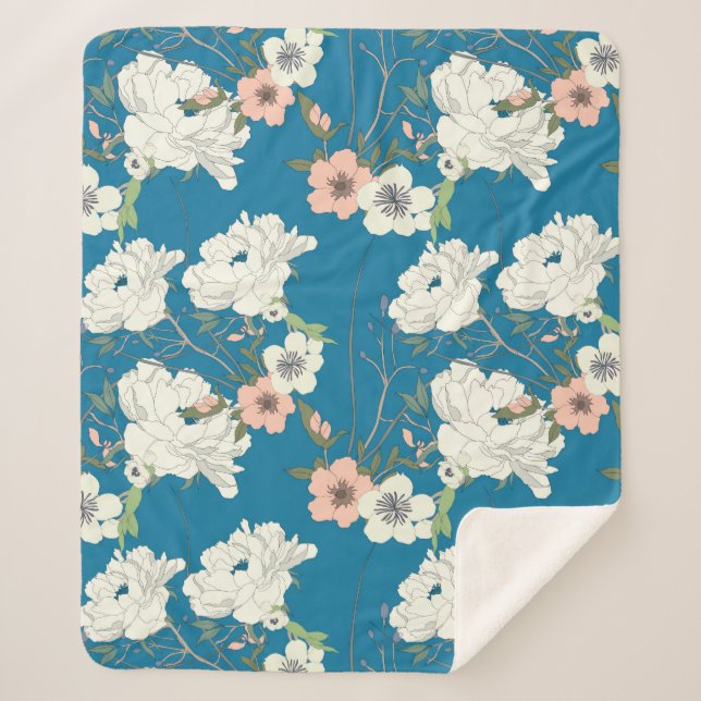 Couverture Sherpa Motif de jardin floral blanc (Devant)