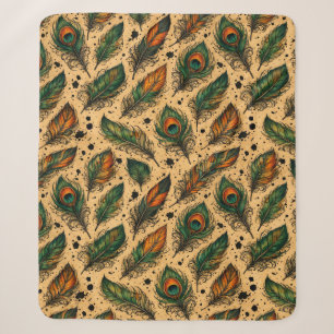 Couverture Sherpa Motif de plumes de paon bohème