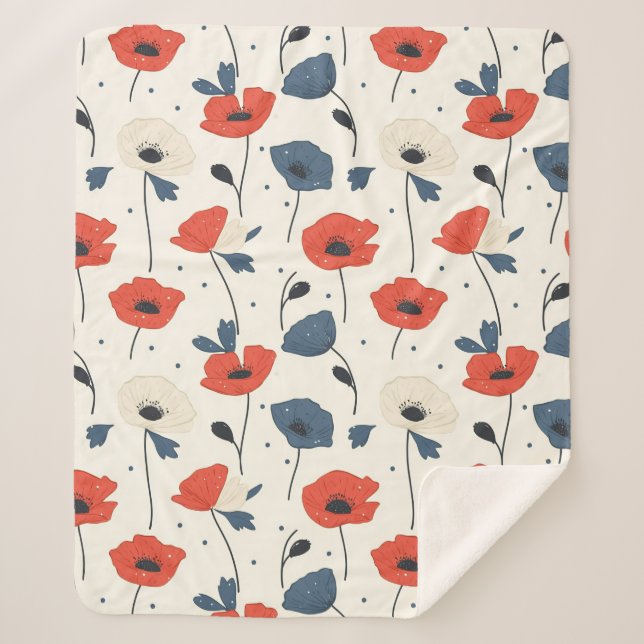 Couverture Sherpa Motif de Poppies d'aquarelle - Rouge, Bleu et Blan (Devant)