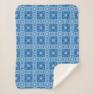 Couverture Sherpa Motif de tuiles carré à fleurs de couleur bleue