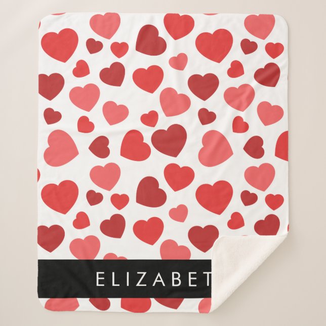 Couverture Sherpa Motif Des Coeurs, Coeurs Rouges, Votre Nom (Devant)