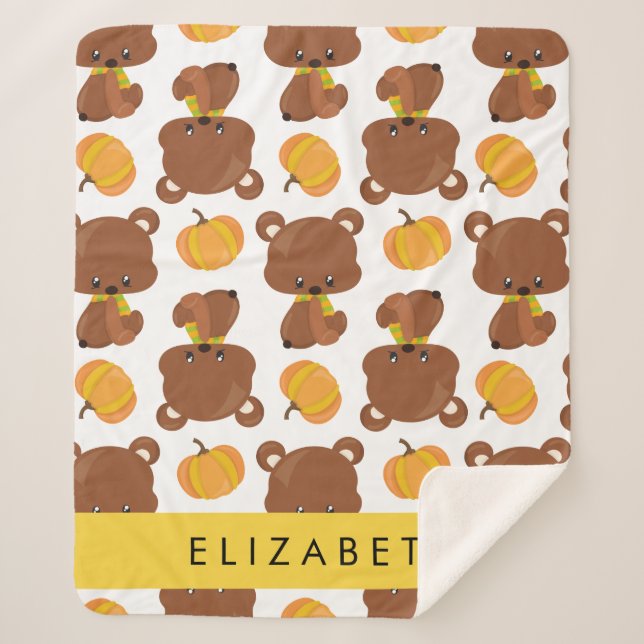Couverture Sherpa Motif D'Ours, Mignons Ours, Citrouille, Votre Nom (Devant)