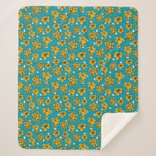 Couverture Sherpa Motif Fleurs Turquoises jaunes (Devant)