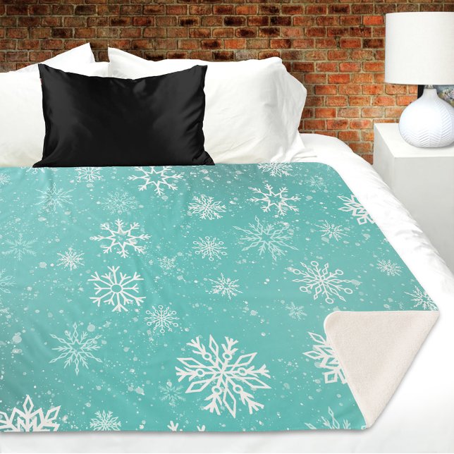 Couverture Sherpa Motif Flocons de Neige Bleu Turquoise Doux Gel Hiv (Créateur téléchargé)
