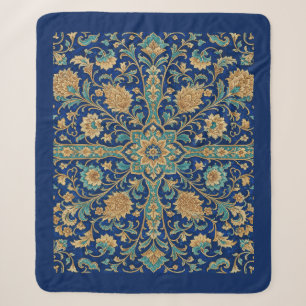 Couverture Sherpa Motif floral arabesque persan bleu royal 