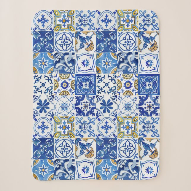 Couverture Sherpa Motif Floral Bleu, Blanc & Jaune (Devant)