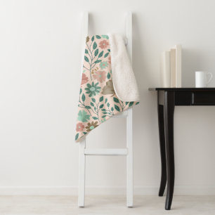 Couverture Sherpa Motif floral boho vert rose brun