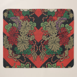 Couverture Sherpa Motif floral japonais vintage pivoine rouge noir