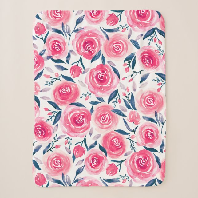 Couverture Sherpa Motif floral rose de roses d'aquarelle (Devant)