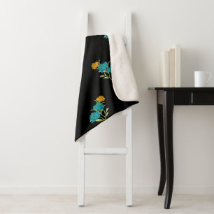 Couverture Sherpa Motif floral turquoise corail vert sur fond noir 