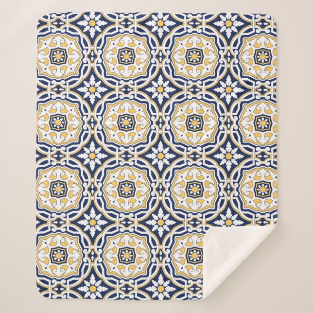 Couverture Sherpa Motif géométrique bleu carrelage marocain ornement (Devant)