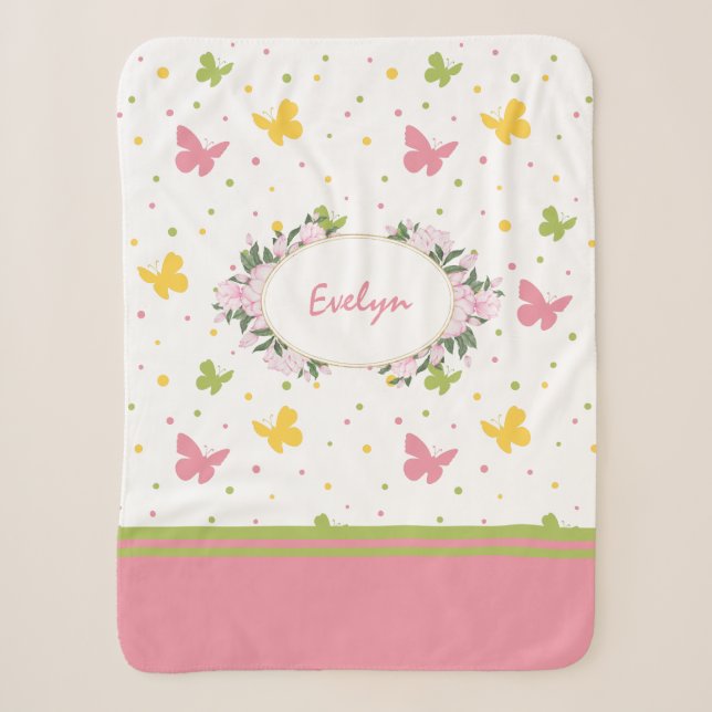 Couverture Sherpa Motif Pastel Butterfly avec Fleurs et Nom (Devant)