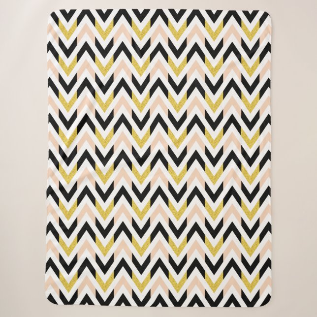 Couverture Sherpa Motif Peachy Pink, Black, Gold et White Chevron (Devant)