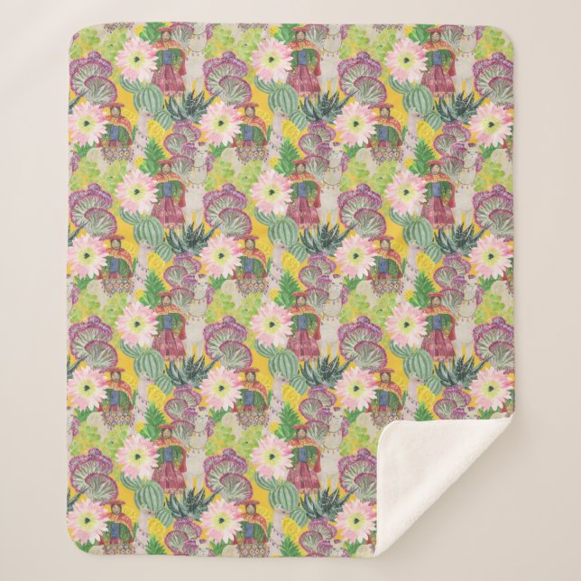 Couverture Sherpa Motif péruvien de femme et de lama d'aquarelle (Devant)