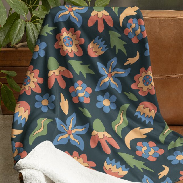 Couverture Sherpa Motif rétro Fleurs super (Groovy Flowers Retro Pattern Sherpa Blanket)