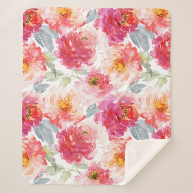 Couverture Sherpa Motif rose Aquarelle Peony (Devant)