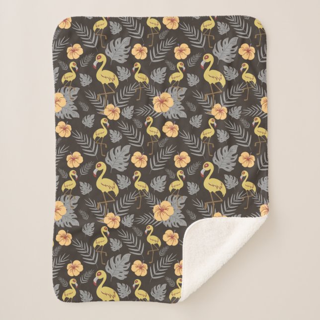 Couverture Sherpa motif sans couture Flamant rose avec fleurs et feu (Devant)