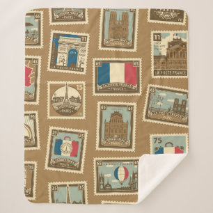 Couverture Sherpa  motif sans soudure avec timbres-poste sur le thèm