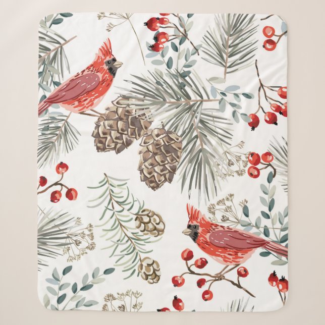 Couverture Sherpa Motif sans soudure de Noël, oiseaux cardinaux, rou (Devant)