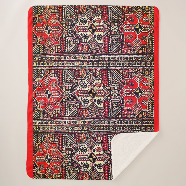 Couverture Sherpa Motif tribal géométrique rouge et blanc oriental (Devant)