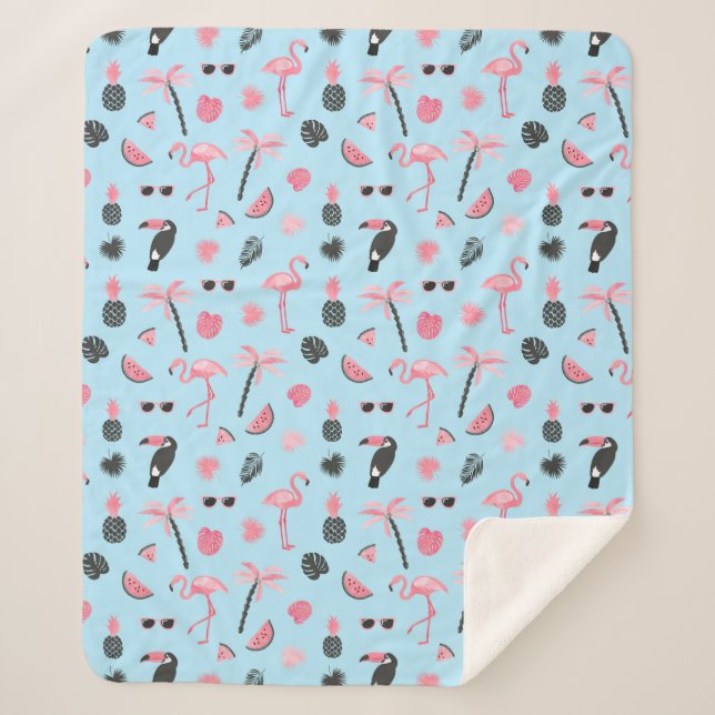 Couverture Sherpa Motif tropical d'été rose et bleu (Devant)