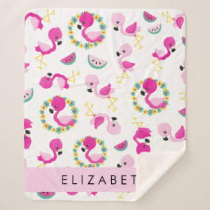 Couverture Sherpa Motif tropical, Flamants roses, Fleurs, Votre Nom