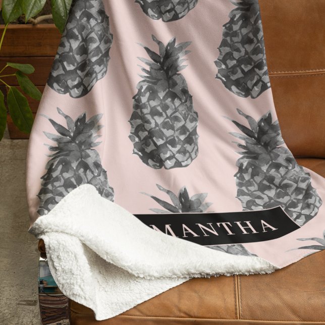 Couverture Sherpa Motif Tropical Grey & Rose Ananas Avec Nom (Créateur téléchargé)